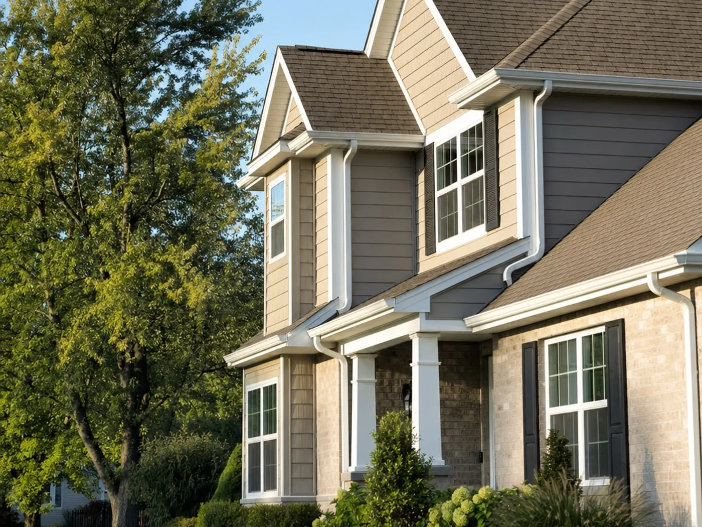 A two story suburban home with clean gutters and downspouts running along the roofline