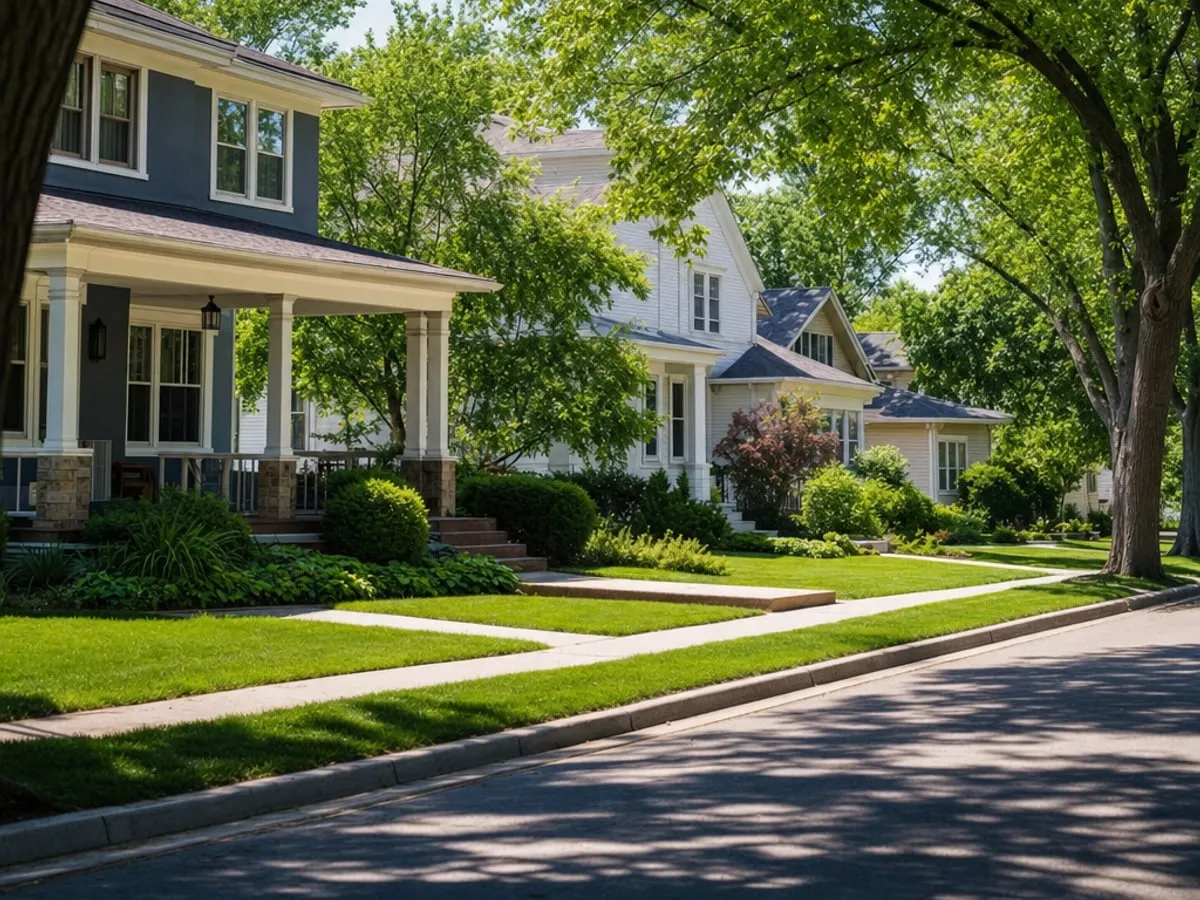 A quiet, tree-lined residential street in a Midwest neighborhood